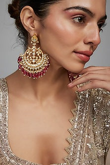 Gold Finish Kundan Polki & Red Beaded Chandbali Earrings