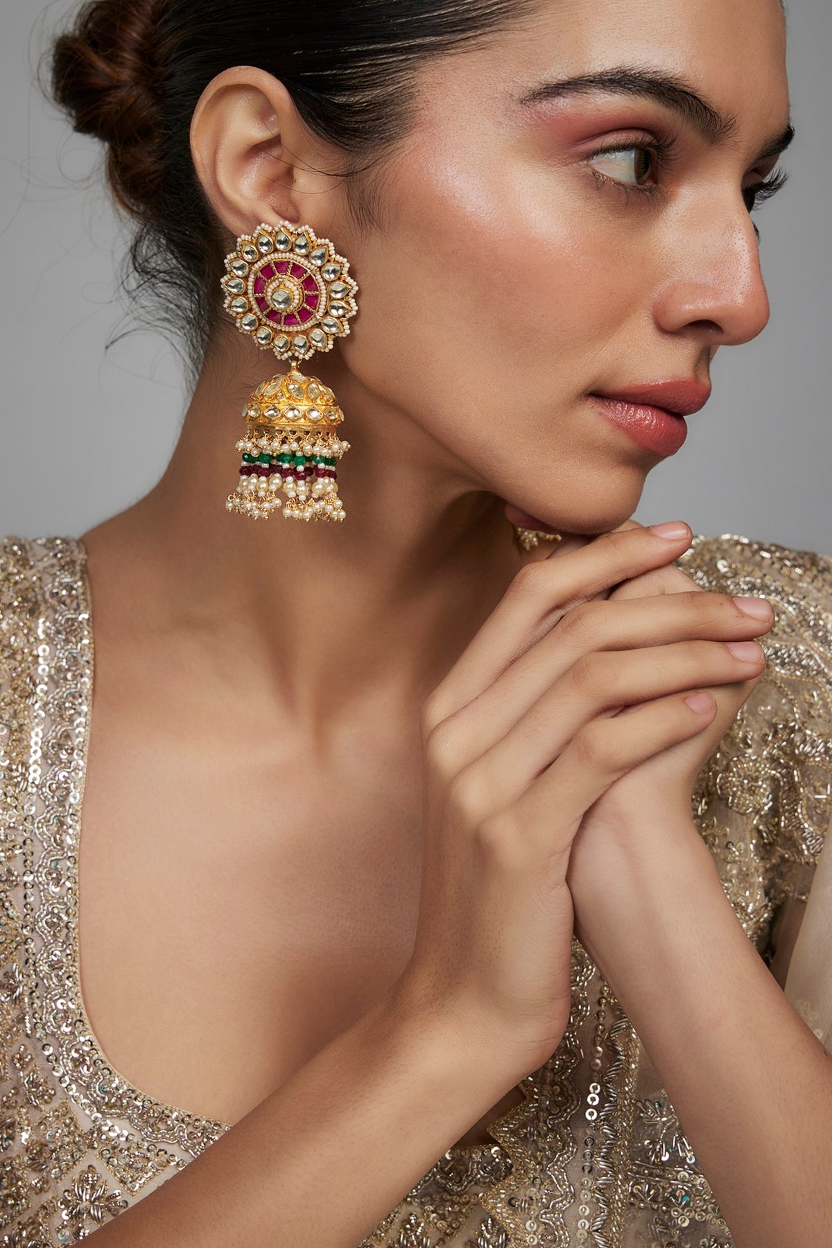 Gold Finish Kundan Polki & Beaded Jhumka Earrings