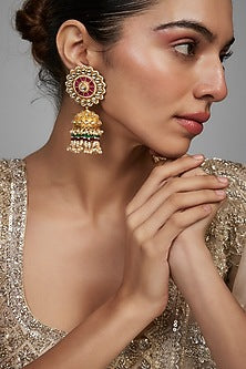 Gold Finish Kundan Polki & Beaded Jhumka Earrings