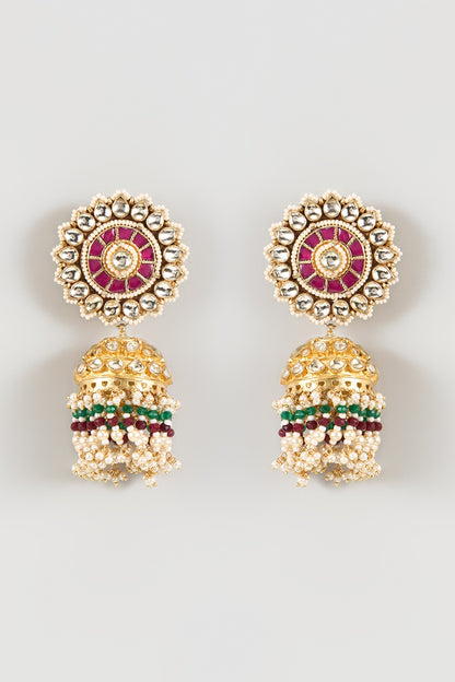 Gold Finish Kundan Polki & Beaded Jhumka Earrings
