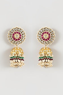 Gold Finish Kundan Polki & Beaded Jhumka Earrings
