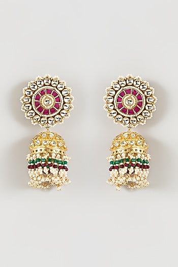 Gold Finish Kundan Polki & Beaded Jhumka Earrings