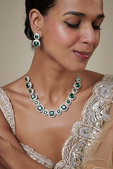 White Finish Zircon & Green Stone Necklace Set