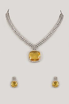White Finish Yellow Cushion Stone & Zircon Necklace Set