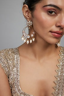 Gold Finish Kundan Polki & Pearl Chandbali Earrings