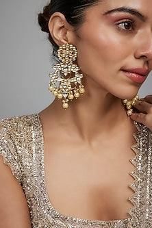 Gold Finish Kundan Polki & Pearl Chandbali Earrings