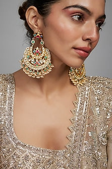 Gold Finish Kundan Polki & Multi-Colored Stone Chandbali Earrings