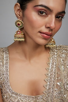 Gold Finish Kundan Polki & Multi-Colored Stone Jhumka Earrings