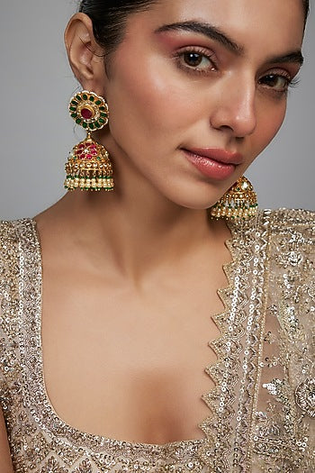 Gold Finish Kundan Polki & Multi-Colored Stone Jhumka Earrings
