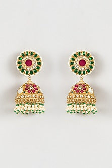 Gold Finish Kundan Polki & Multi-Colored Stone Jhumka Earrings