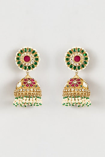 Gold Finish Kundan Polki & Multi-Colored Stone Jhumka Earrings