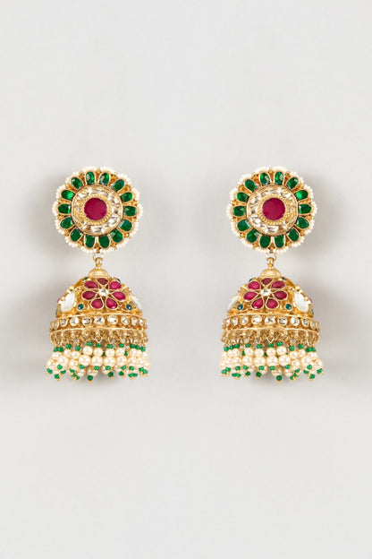 Gold Finish Kundan Polki & Multi-Colored Stone Jhumka Earrings
