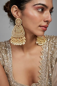 Gold Finish Kundan Polki & Pearl Dangler Earrings