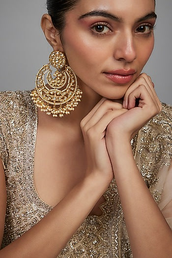 Gold Finish Kundan Polki & Pearl Chandbali Earrings