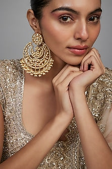 Gold Finish Kundan Polki & Pearl Chandbali Earrings