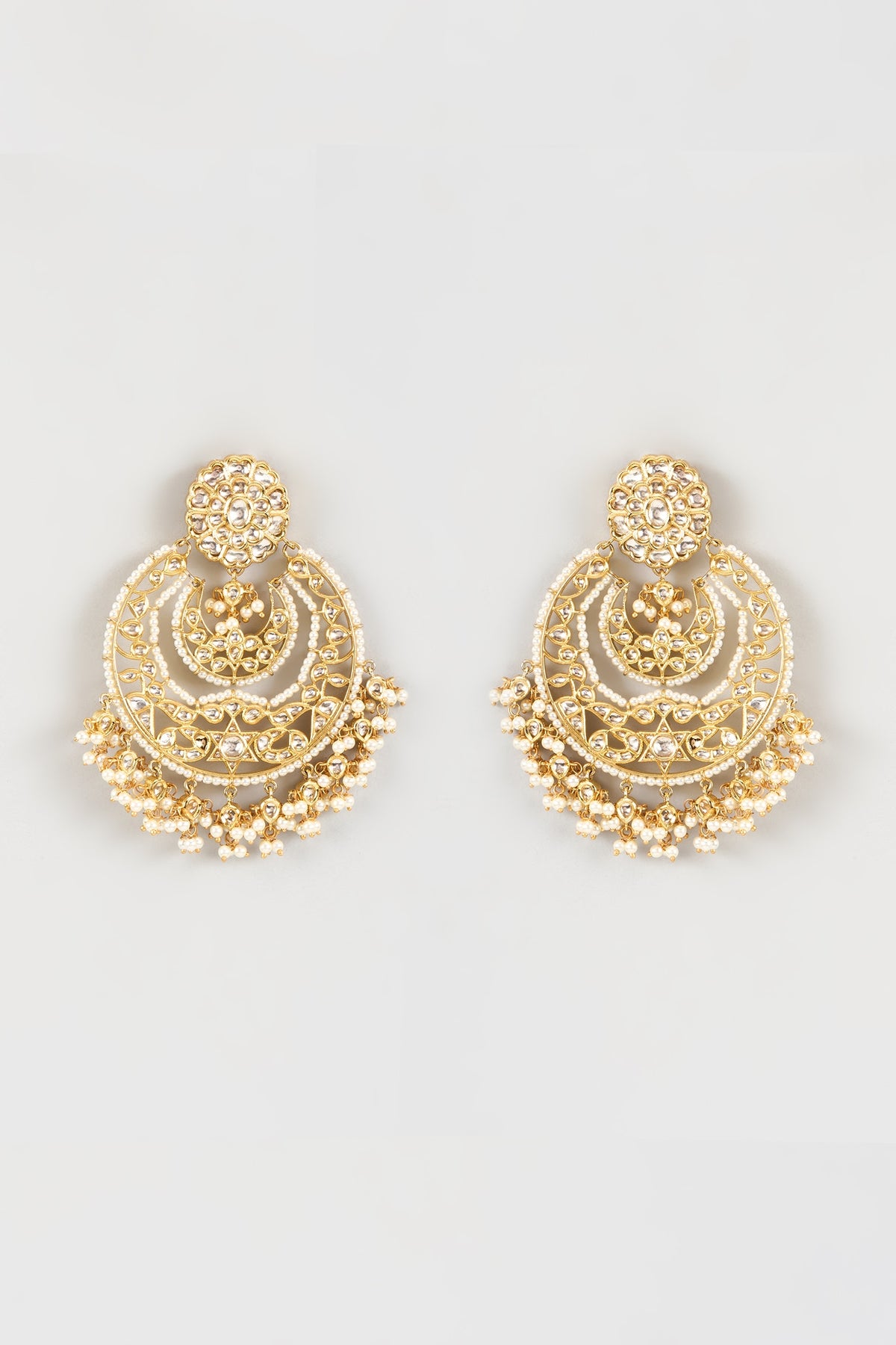 Gold Finish Kundan Polki & Pearl Chandbali Earrings