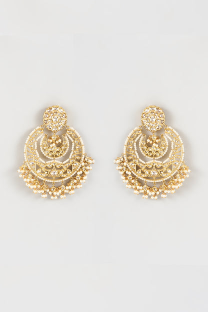 Gold Finish Kundan Polki & Pearl Chandbali Earrings