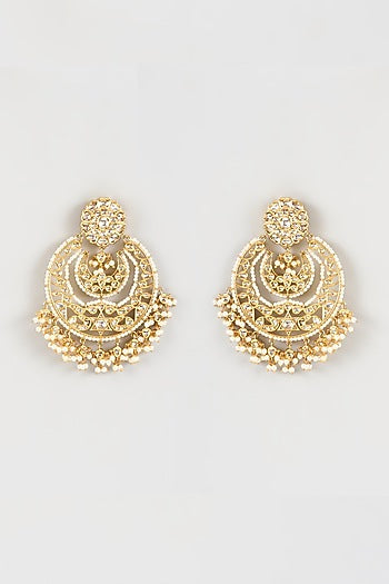 Gold Finish Kundan Polki & Pearl Chandbali Earrings
