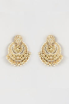 Gold Finish Kundan Polki & Pearl Chandbali Earrings