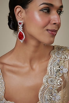 White Finish Zircon & Red Stone Dangler Earrings