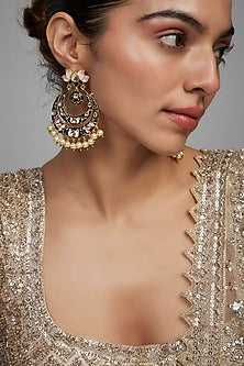 Black Rhodium Finish Kundan Polki & Pearl Dangler Earrings