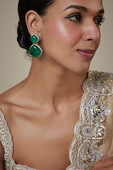 White Finish Green Zircon Dome Dangler Earrings