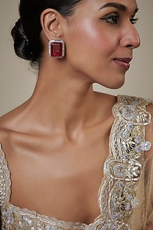 White Finish Red Zircon Stud Earrings