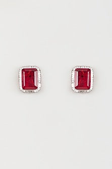 White Finish Red Zircon Stud Earrings