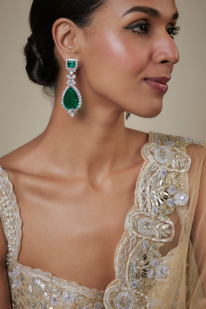 White Finish Green Zircon Dangler Earrings
