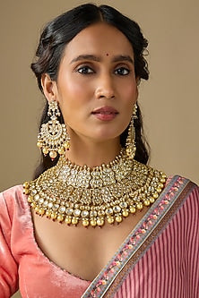 Gold Finish Kundan Polki & Pearl Choker Necklace Set