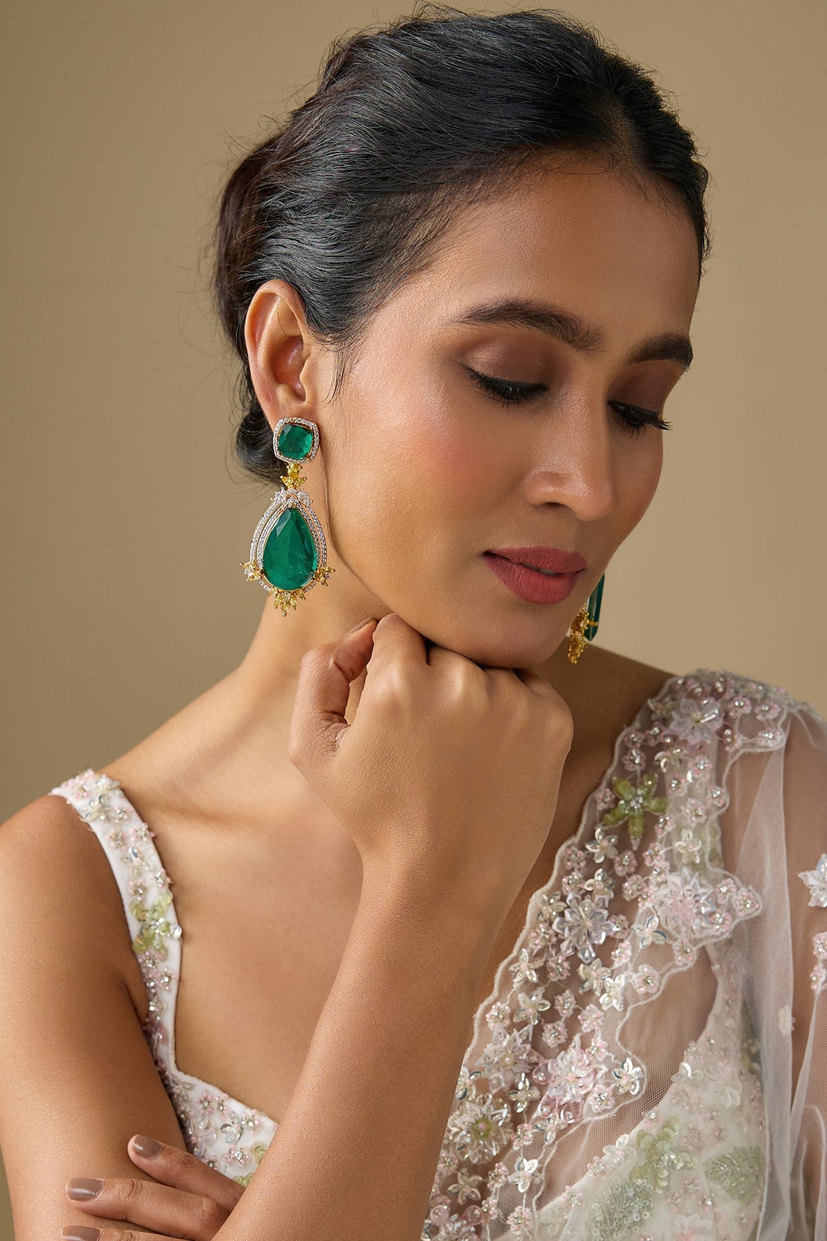Gold Finish Zircon & Green Doublet Stone Dangler Earrings
