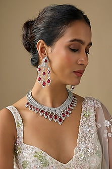 White Finish Zircon & Red Stone Necklace Set