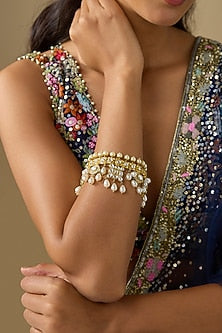 Gold Finish Kundan Polki & Pearl Openable Bracelet