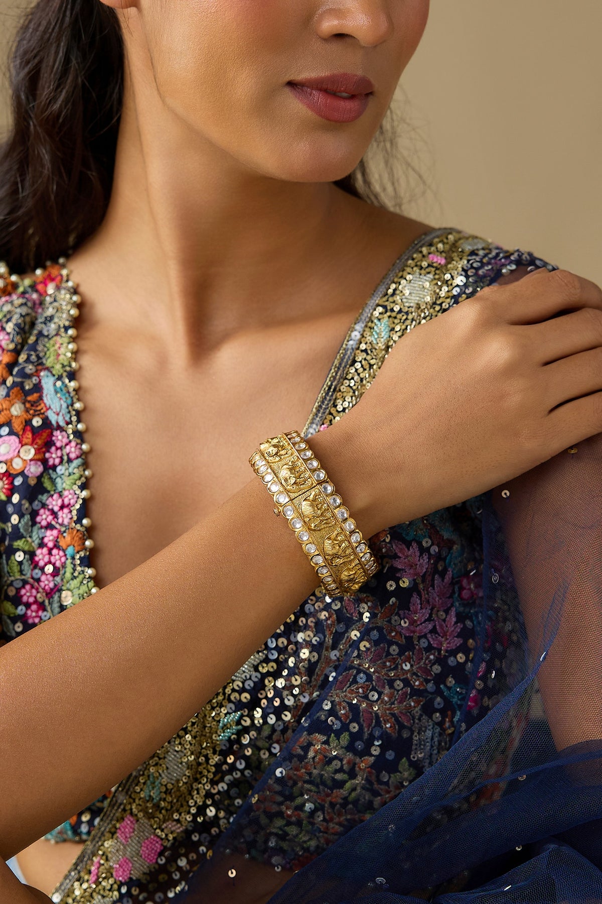 Gold Finish Kundan Polki Openable Bangle