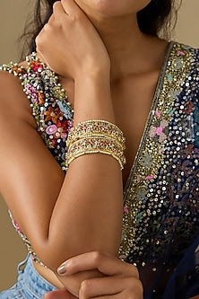 Gold Finish Jadau Pearl Beaded Openable Bangles (Set Of 2)