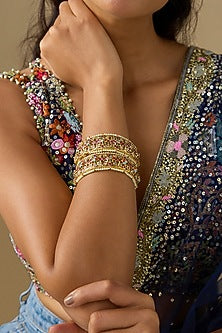 Gold Finish Jadau Pearl Beaded Openable Bangles (Set Of 2)
