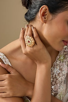 Gold Finish Kundan Polki & Peach Meenakari Ring