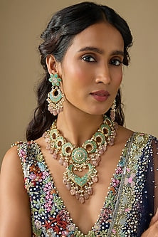 Gold Finish Kundan Polki & Turquoise Stone Long Necklace Set