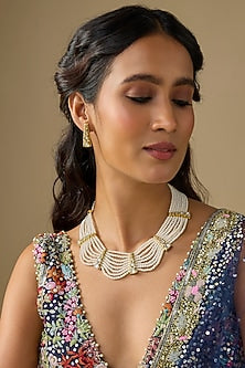 White Finish Kundan Polki & Pearl Choker Necklace Set