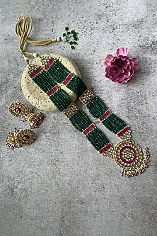 Gold Finish Pachi Kundan & Beaded Long Necklace Set