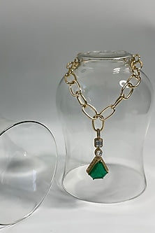 White Finish Green Stone & Zircon Chunky Chain Necklace