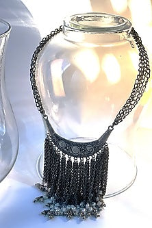 Black Rhodium Finish Oxidized Pearl & Tassel Long Necklace