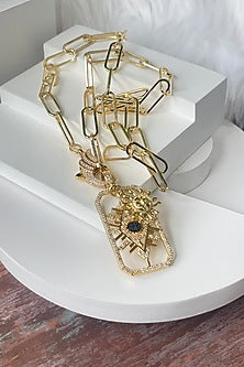 Gold Finish Zircon Link Chain Evil Eye Long Necklace