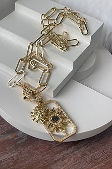 Gold Finish Zircon Link Chain Evil Eye Long Necklace