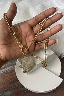 Gold Finish Zircon Link Chain Hamsa Long Necklace