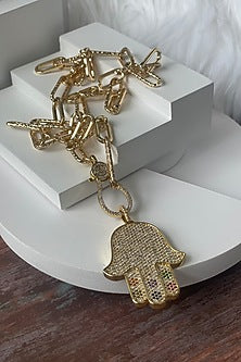 Gold Finish Zircon Link Chain Hamsa Long Necklace