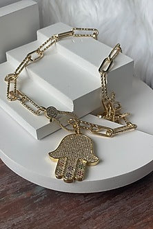 Gold Finish Zircon Link Chain Hamsa Long Necklace