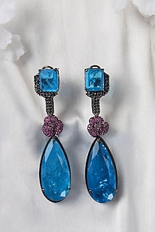 Black Rhodium Finish Blue Zircon & Crystal Dangler Earrings