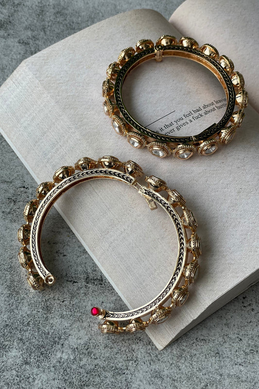 Gold Finish Kundan Polki Openable Bangle (Set Of 2)