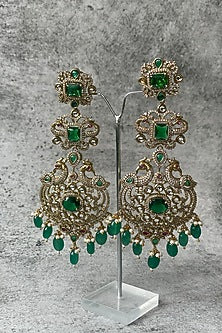 Black Rhodium Finish Zircon & Green Stone Beaded Long Earrings